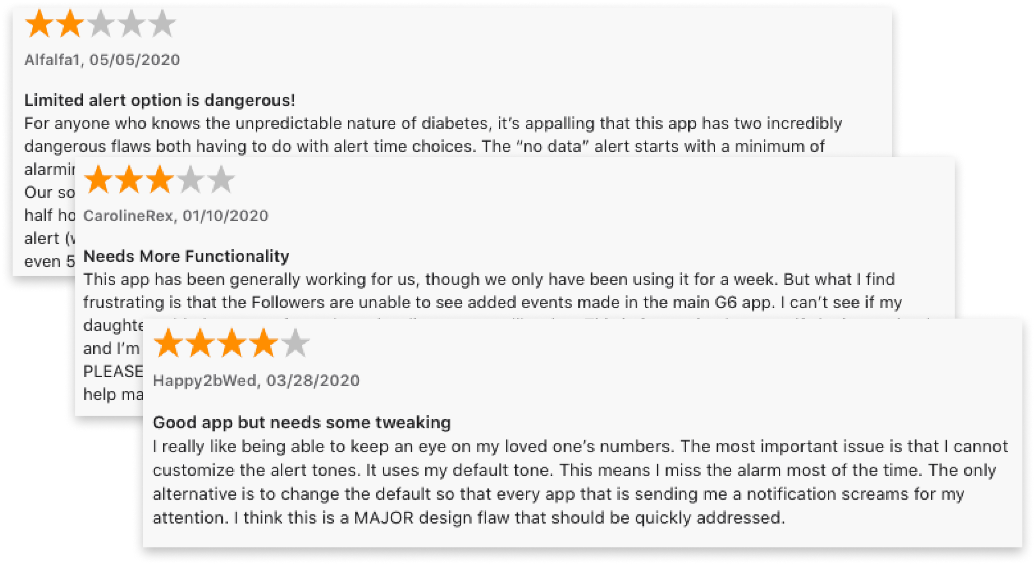 Screenshot of 3 Follow app reviews saying Limited alert option is dangerous, Needs more functionality, and Good app but needs more tweaking