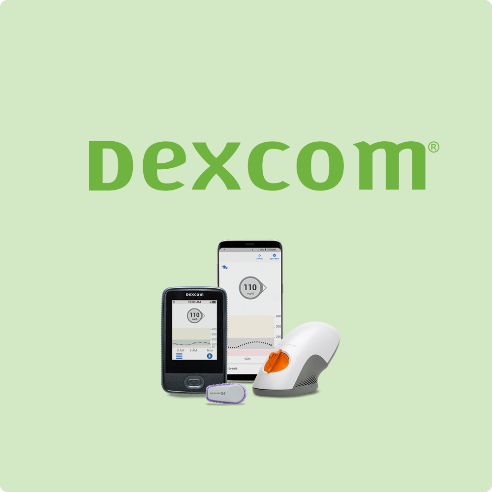 photo of Dexcom logo and CGM devices