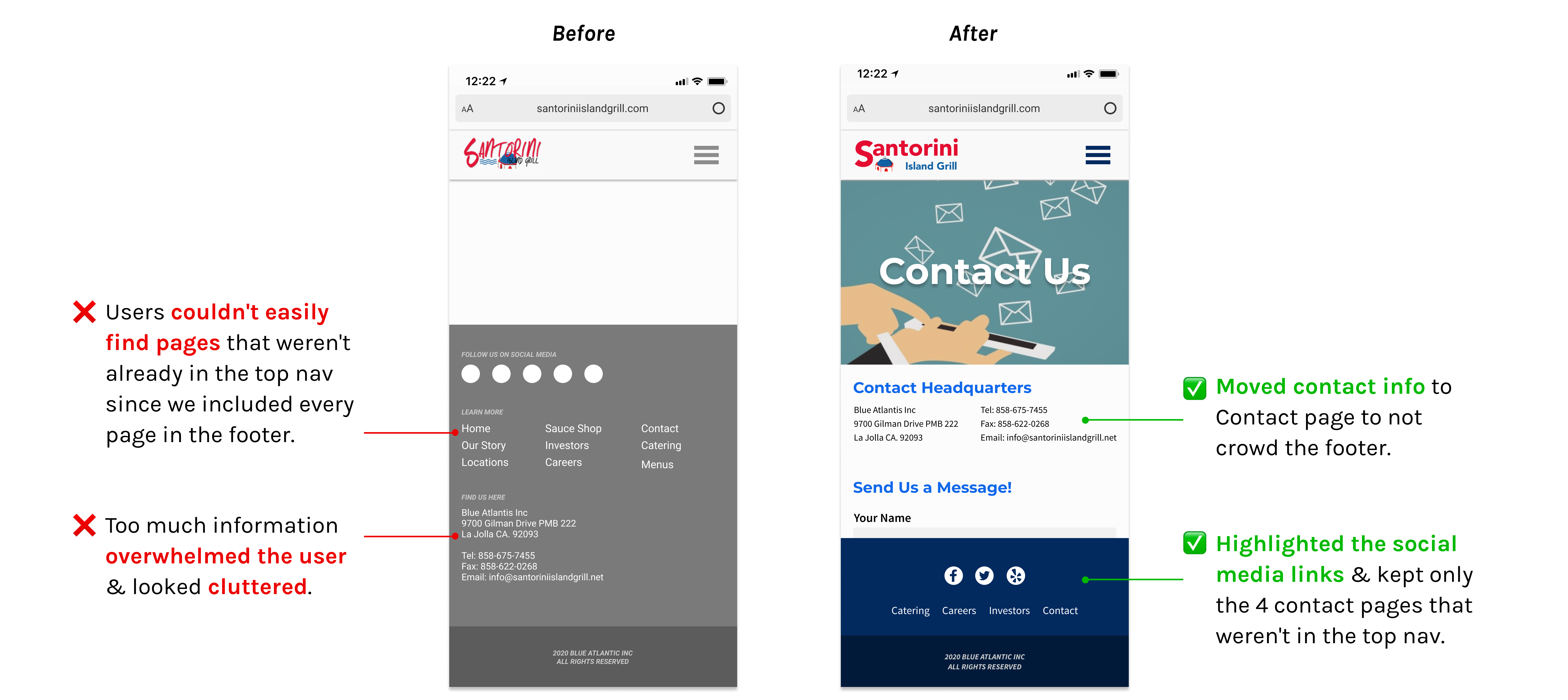 Before and after screens of the iteration of how we explored the footer design