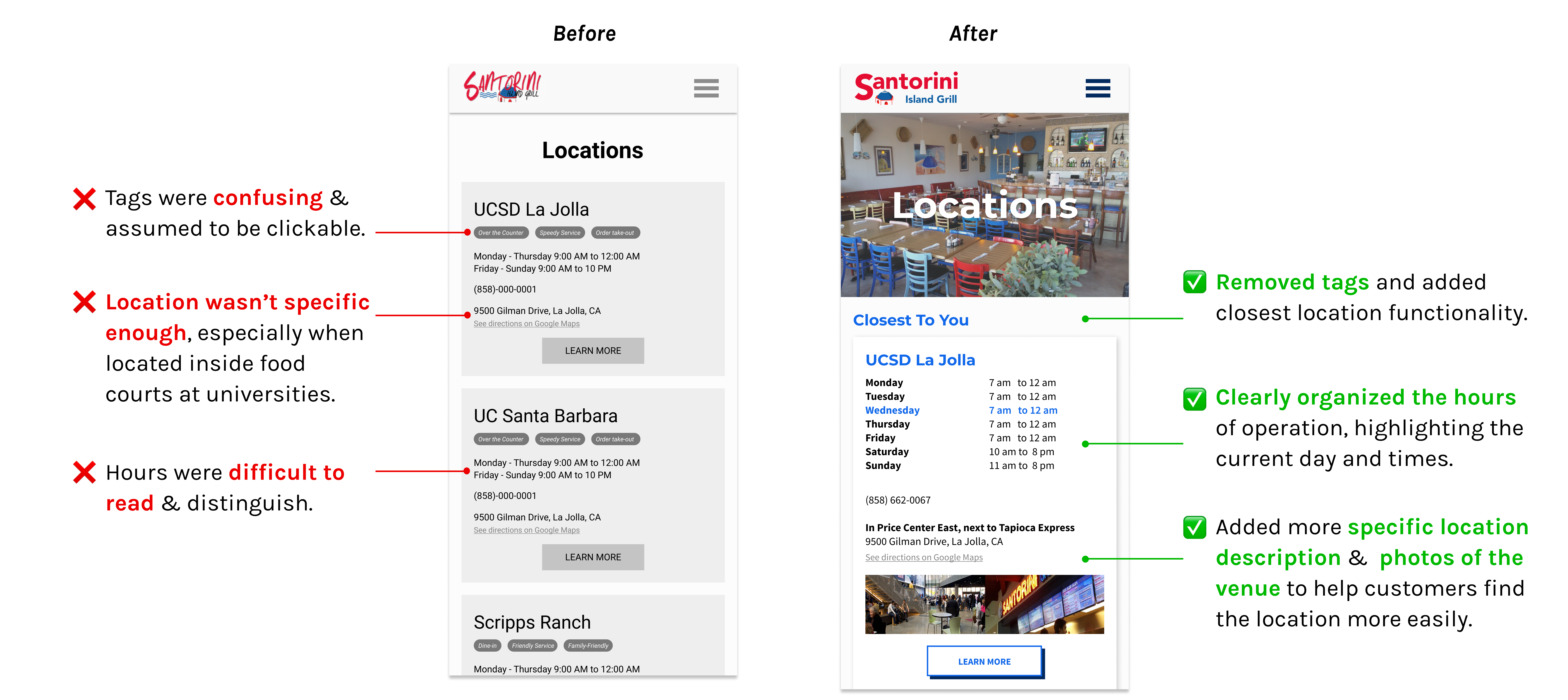 Before and after screens of the iteration of how we presented information in location cards