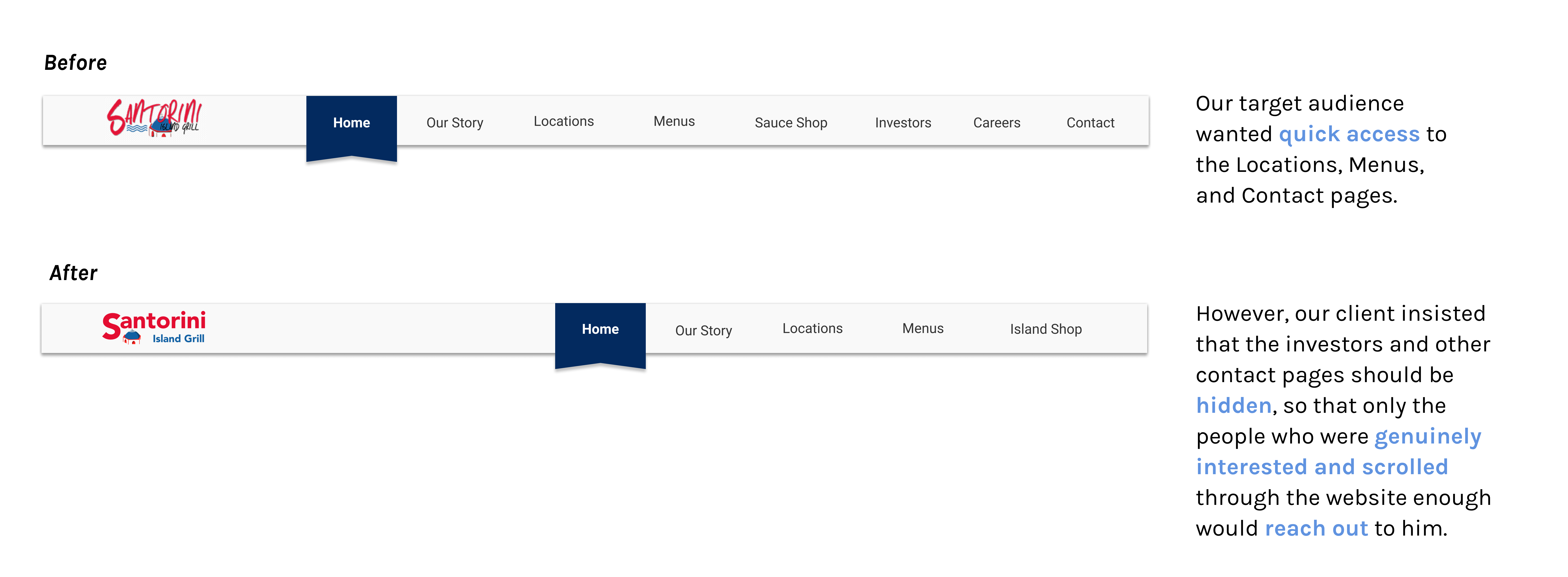 Before and after screens of the iteration of how we designed the navbar