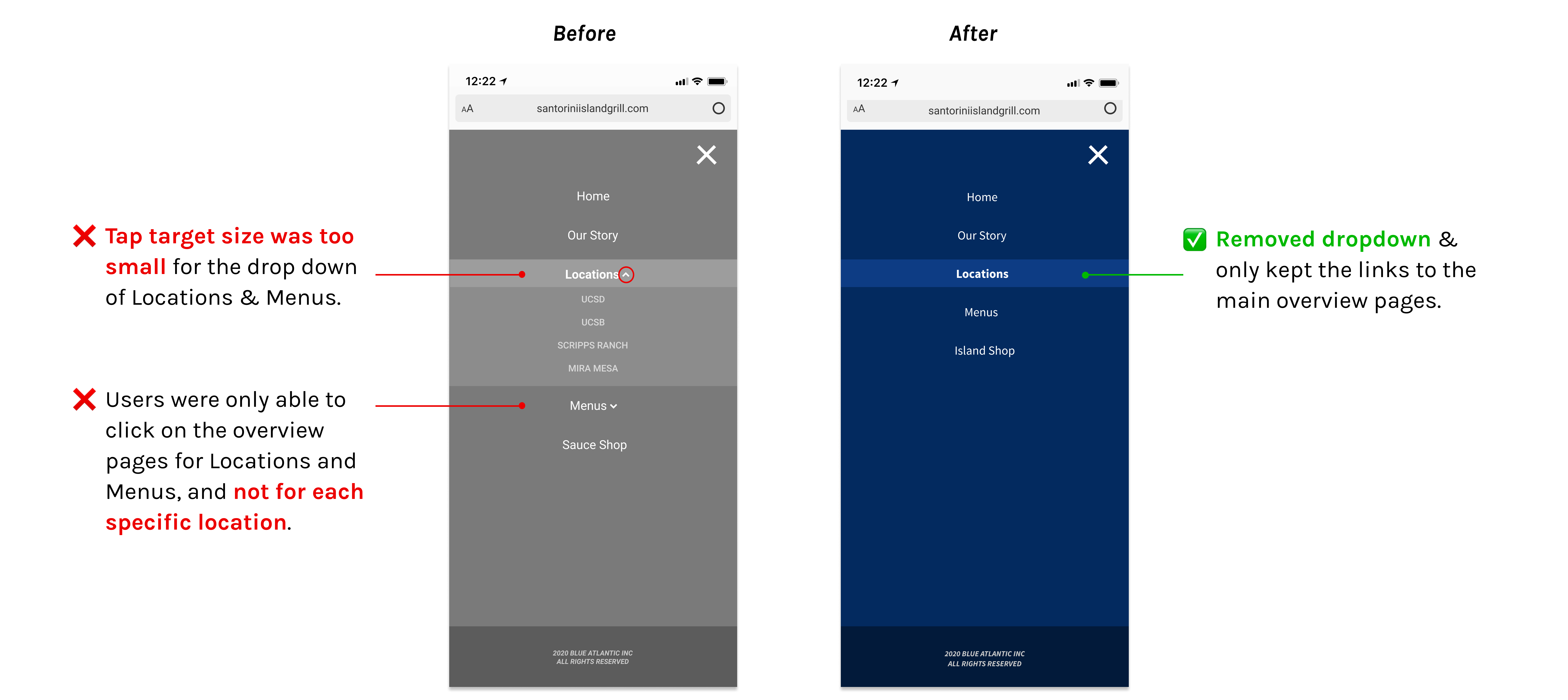 Before and after screens of the iteration of how we explored dropdowns in the navigation