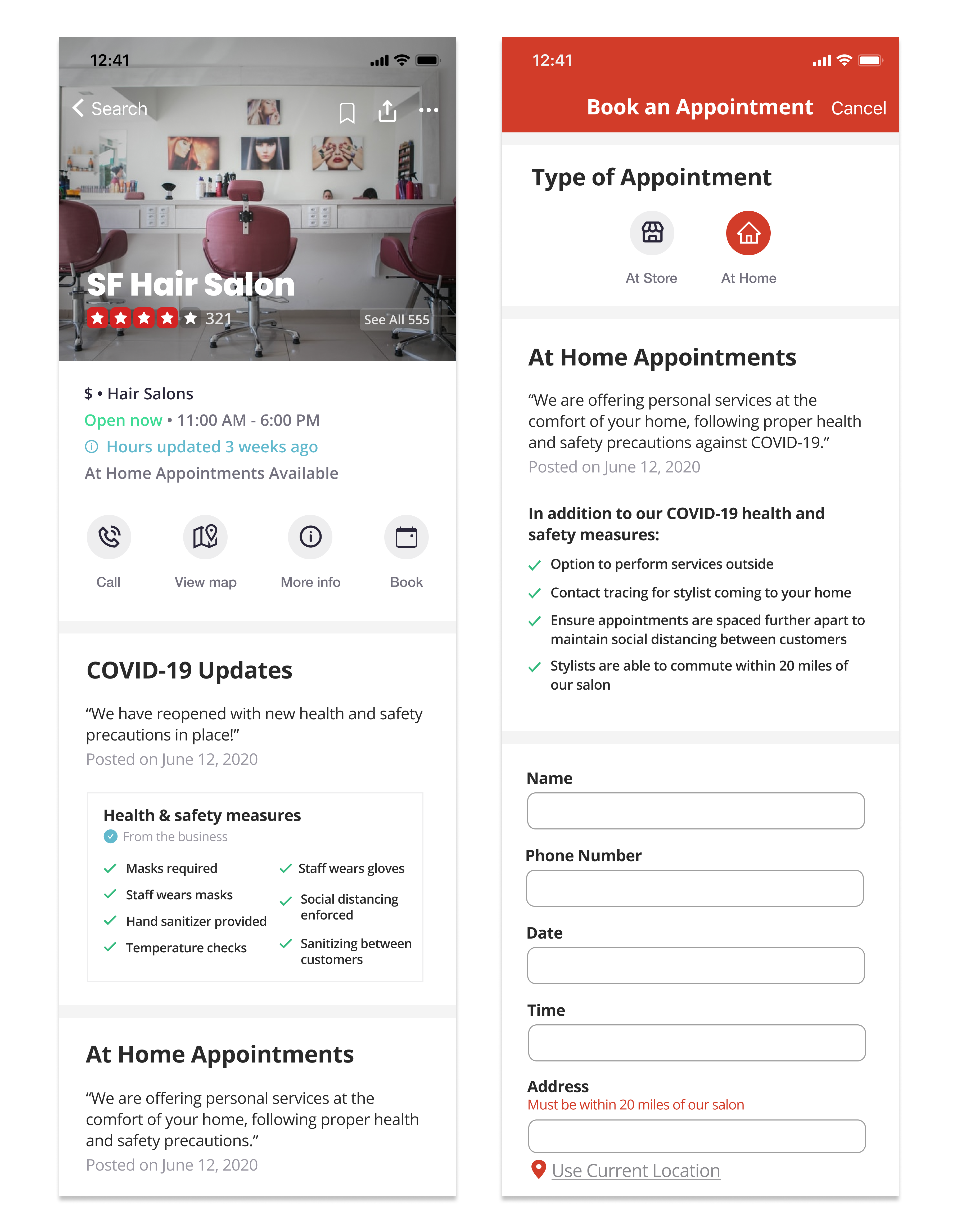 Mid-fidelity prototype of Yelp app screens with new feature to book appointments