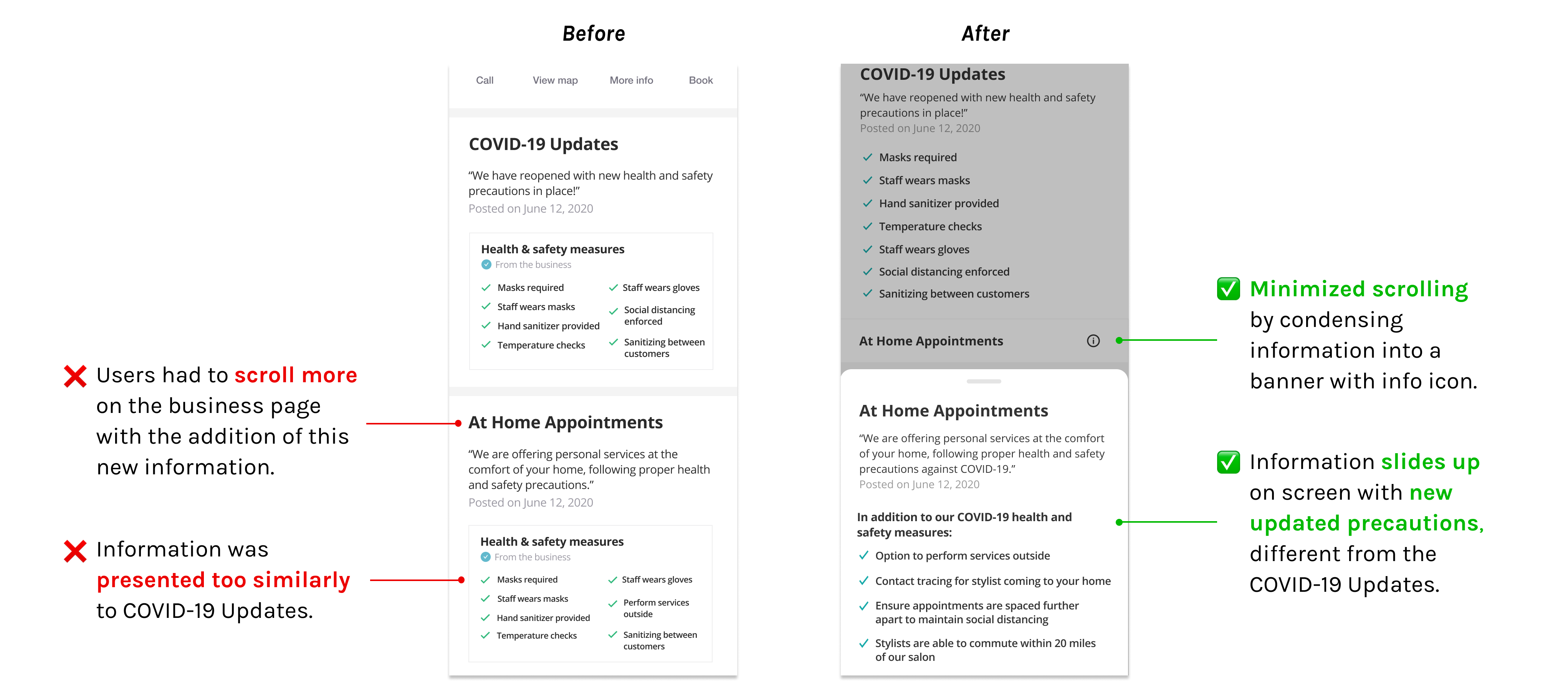 Before and after screens of the iteration of how we presented the information for At Home appointments, condensing the information into a banner with an info icon where information would slide up on the screen when tapped