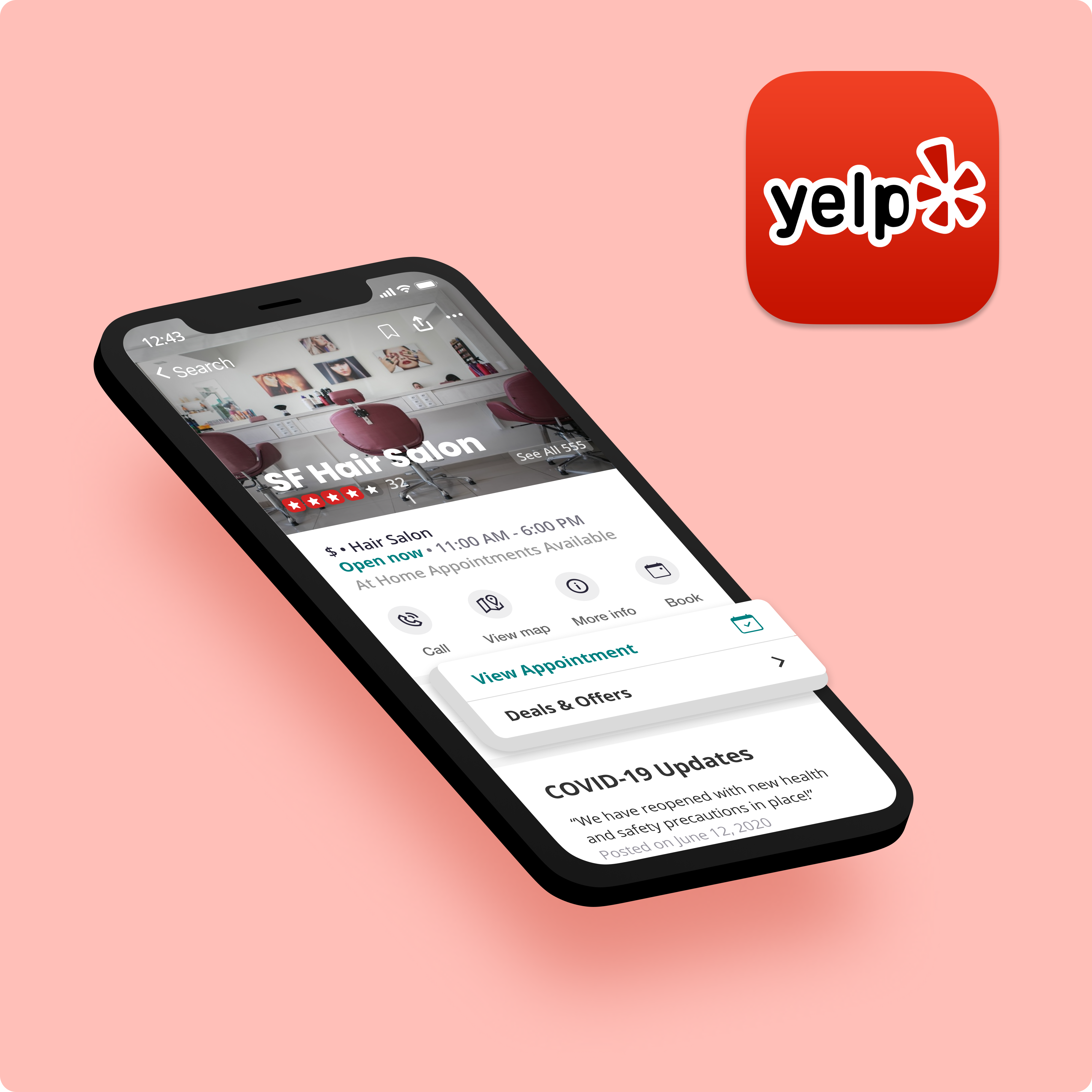 photo of angled mobile phone with the Yelp app open